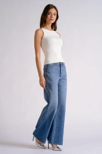 Crew Neck Ribbed Tank Top - White Stud
