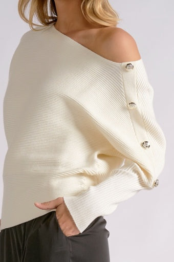Asymmetric Off-Shoulder Sweater with Sleeve Buttons - White