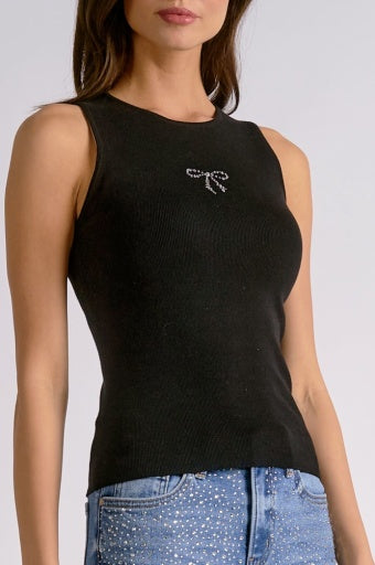 Crew Neck Ribbed Tank Top - Black Bow