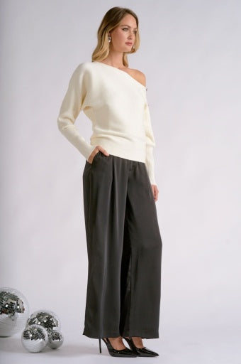 Asymmetric Off-Shoulder Sweater with Sleeve Buttons - White
