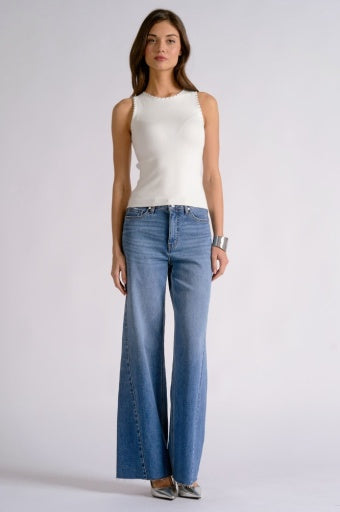 Crew Neck Ribbed Tank Top - White Stud