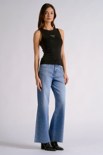 Crew Neck Ribbed Tank Top - Black Bow