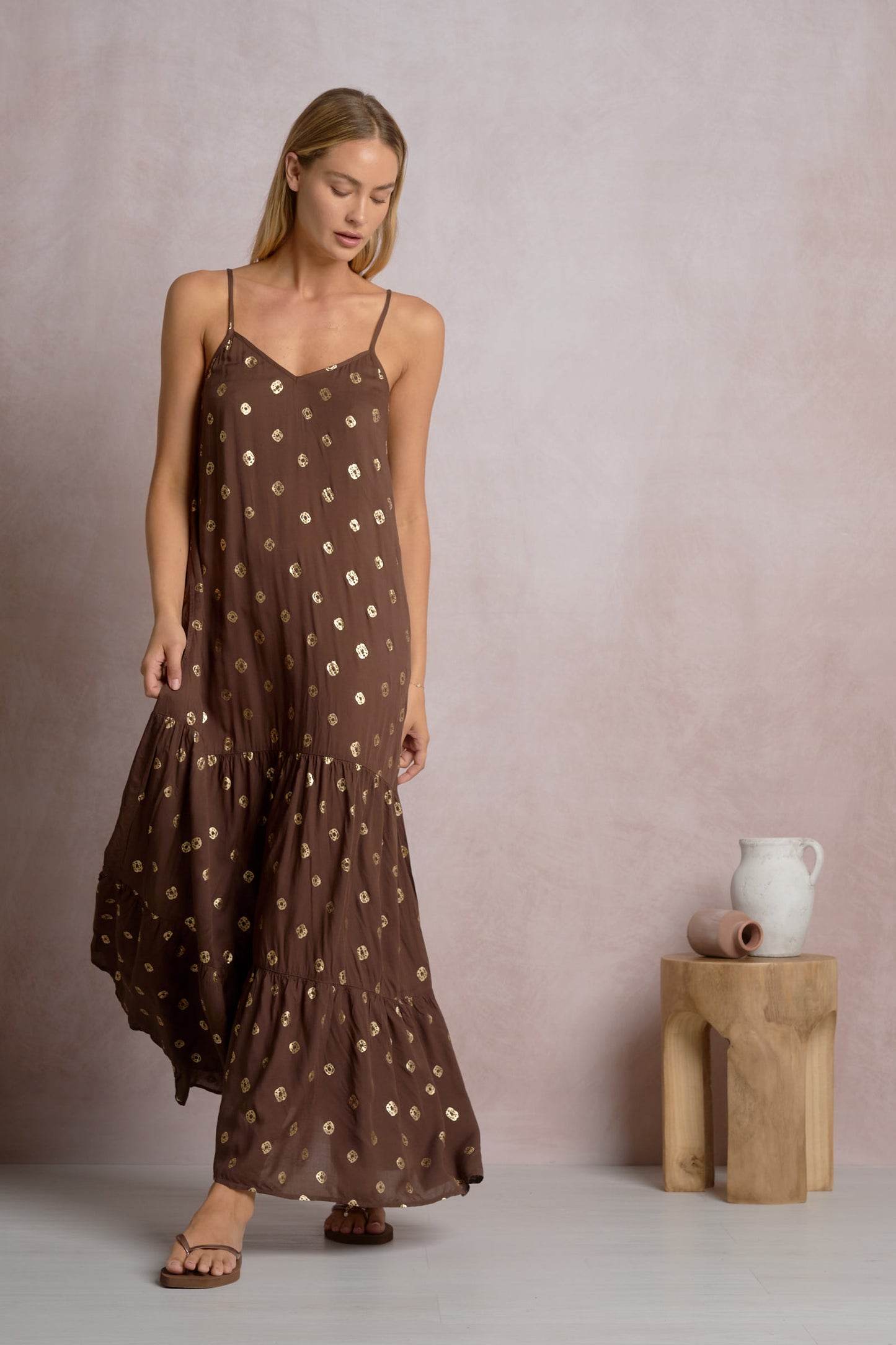 Spaghetti Strap Tiered Maxi Dress - Brown/Gold Polka Dot