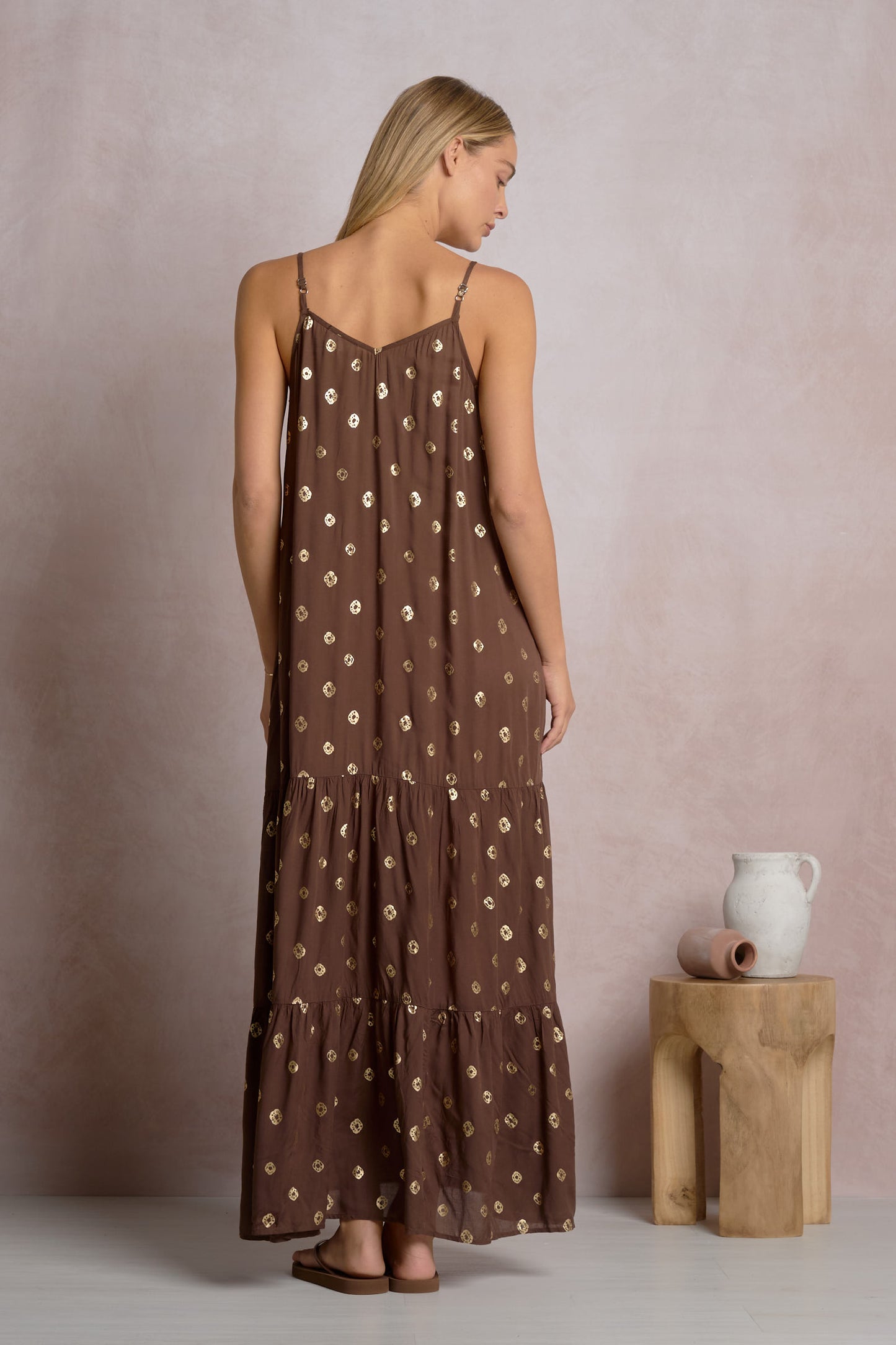 Spaghetti Strap Tiered Maxi Dress - Brown/Gold Polka Dot