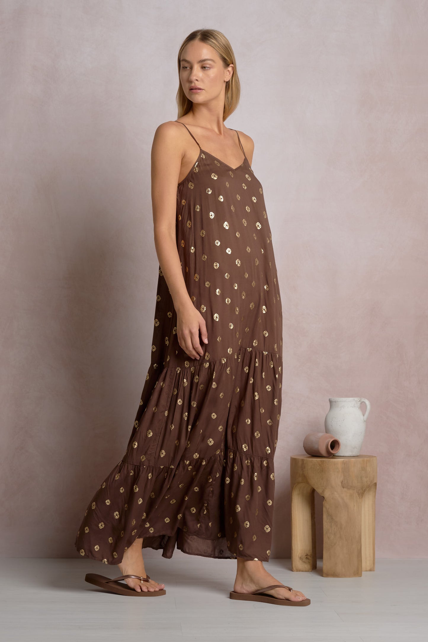 Spaghetti Strap Tiered Maxi Dress - Brown/Gold Polka Dot