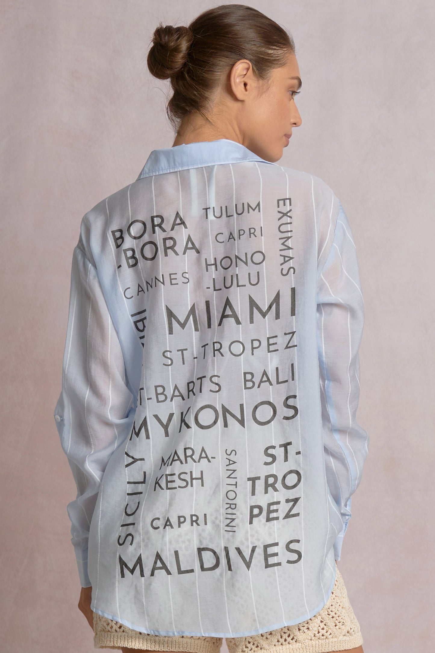 Long Sleeve Button-Down Shirt with Back Destination Graphics - Light Blue