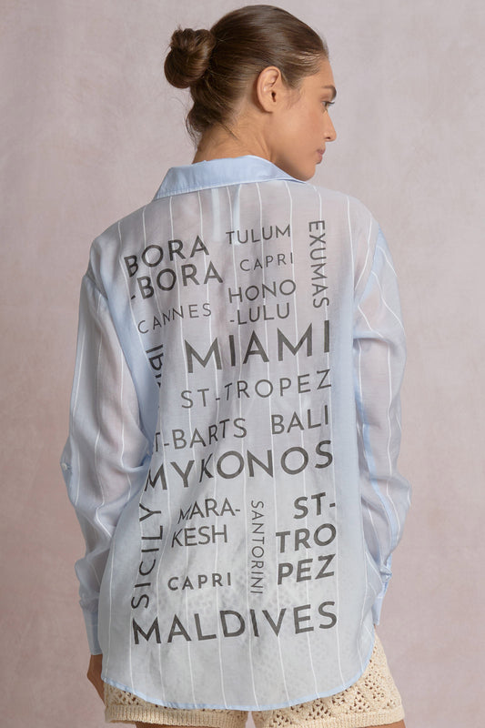 Long Sleeve Button-Down Shirt with Back Destination Graphics - Light Blue