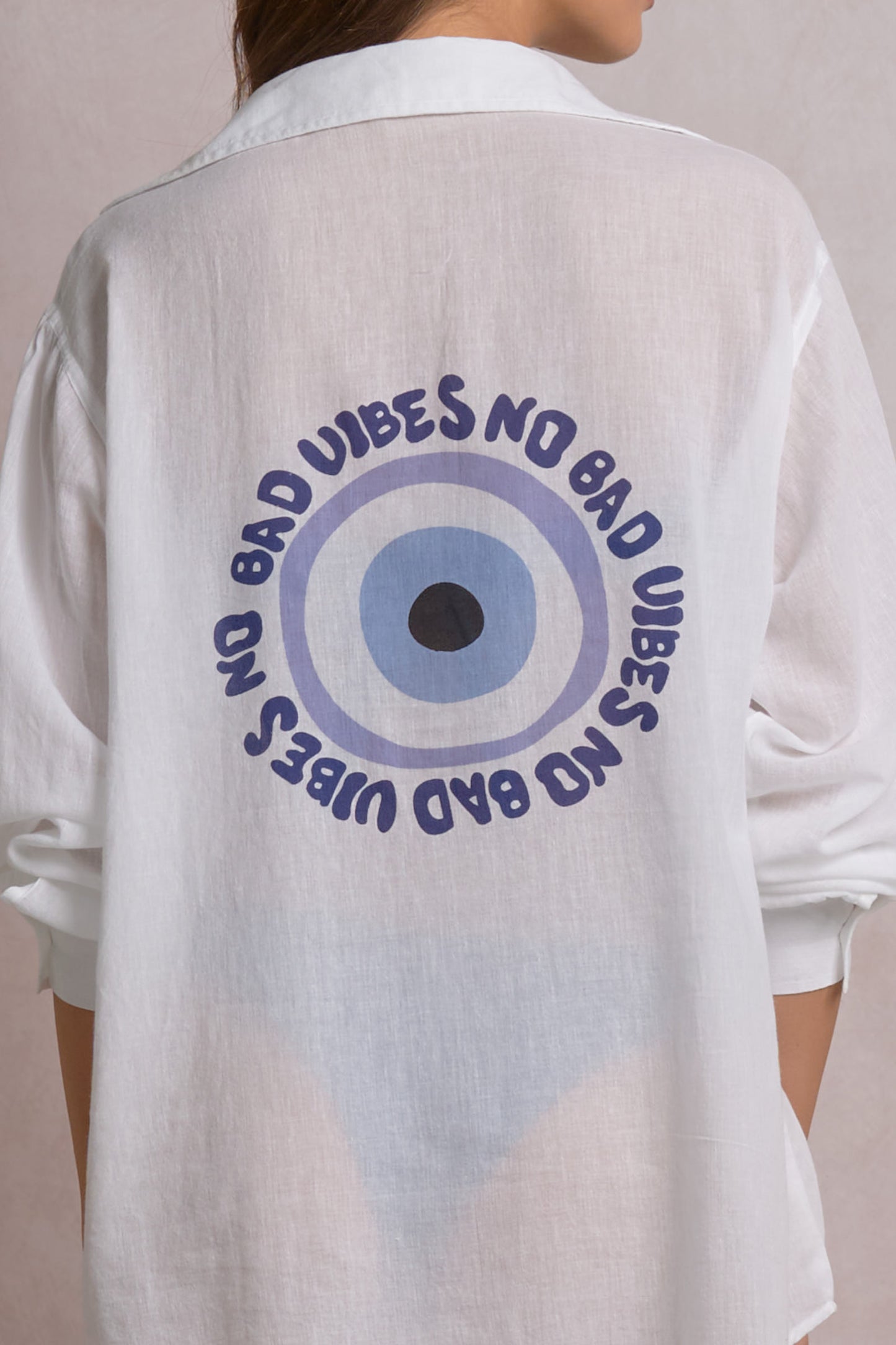 Long Sleeve Button-Down Shirt with No Bad Vibe Graphics - White Vibes