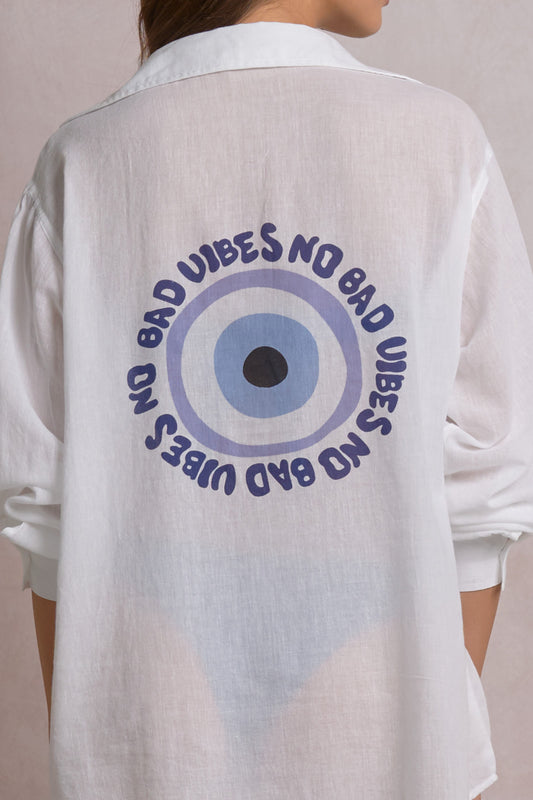 Long Sleeve Button-Down Shirt with No Bad Vibe Graphics - White Vibes