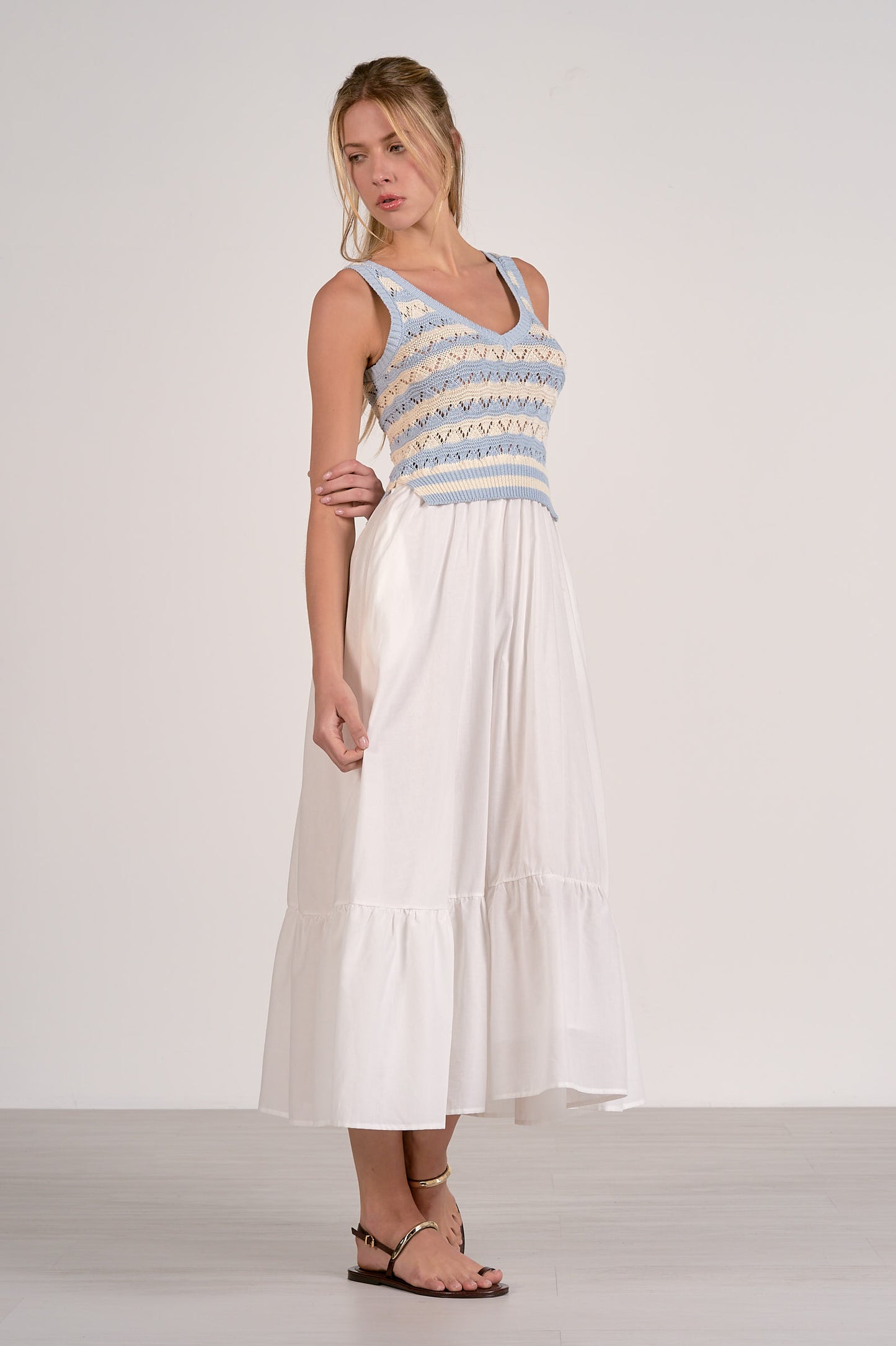 Knit Tank and Woven Skirt Midi Dress - White/Blue Stripe