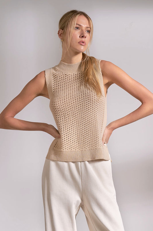 Open Knit Sweater Tank Top - Sand