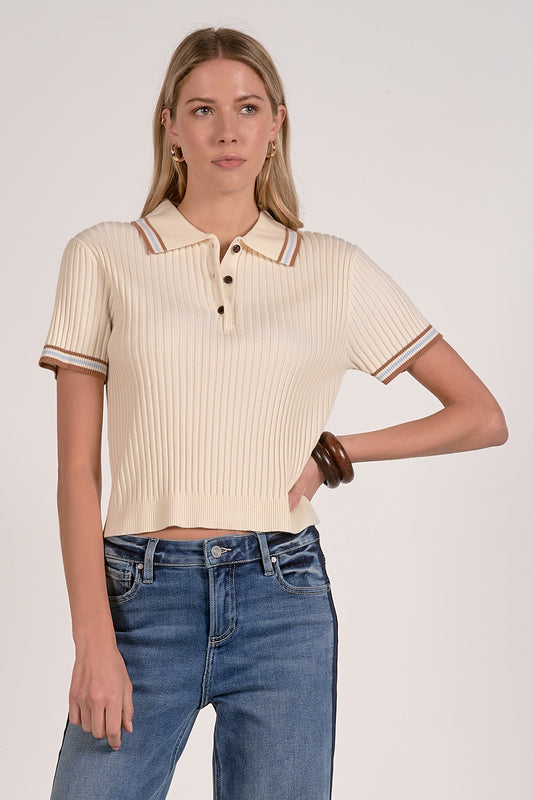 Collared Short Sleeve Sweater Tee - Cream
