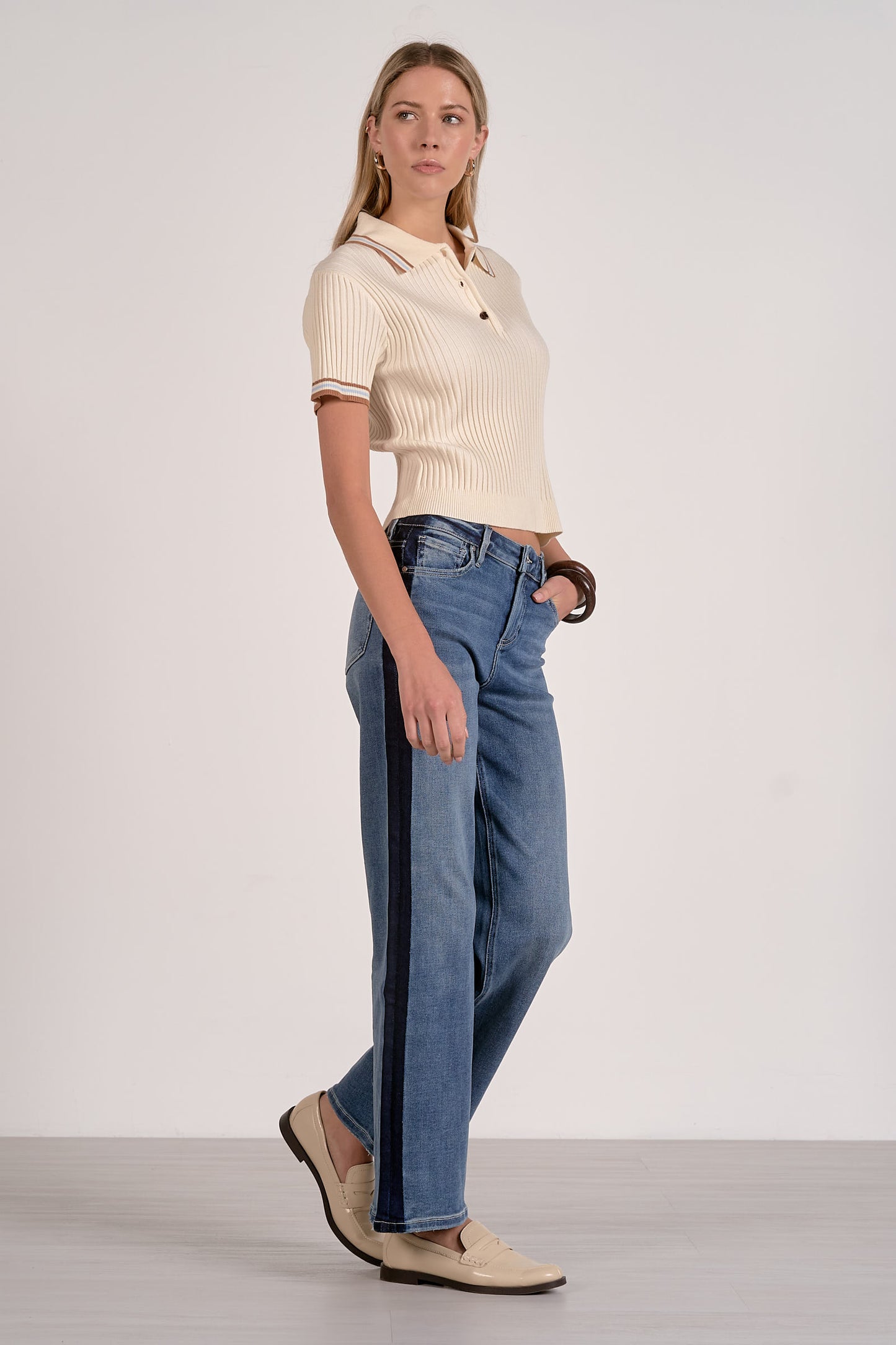 Collared Short Sleeve Sweater Tee - Cream