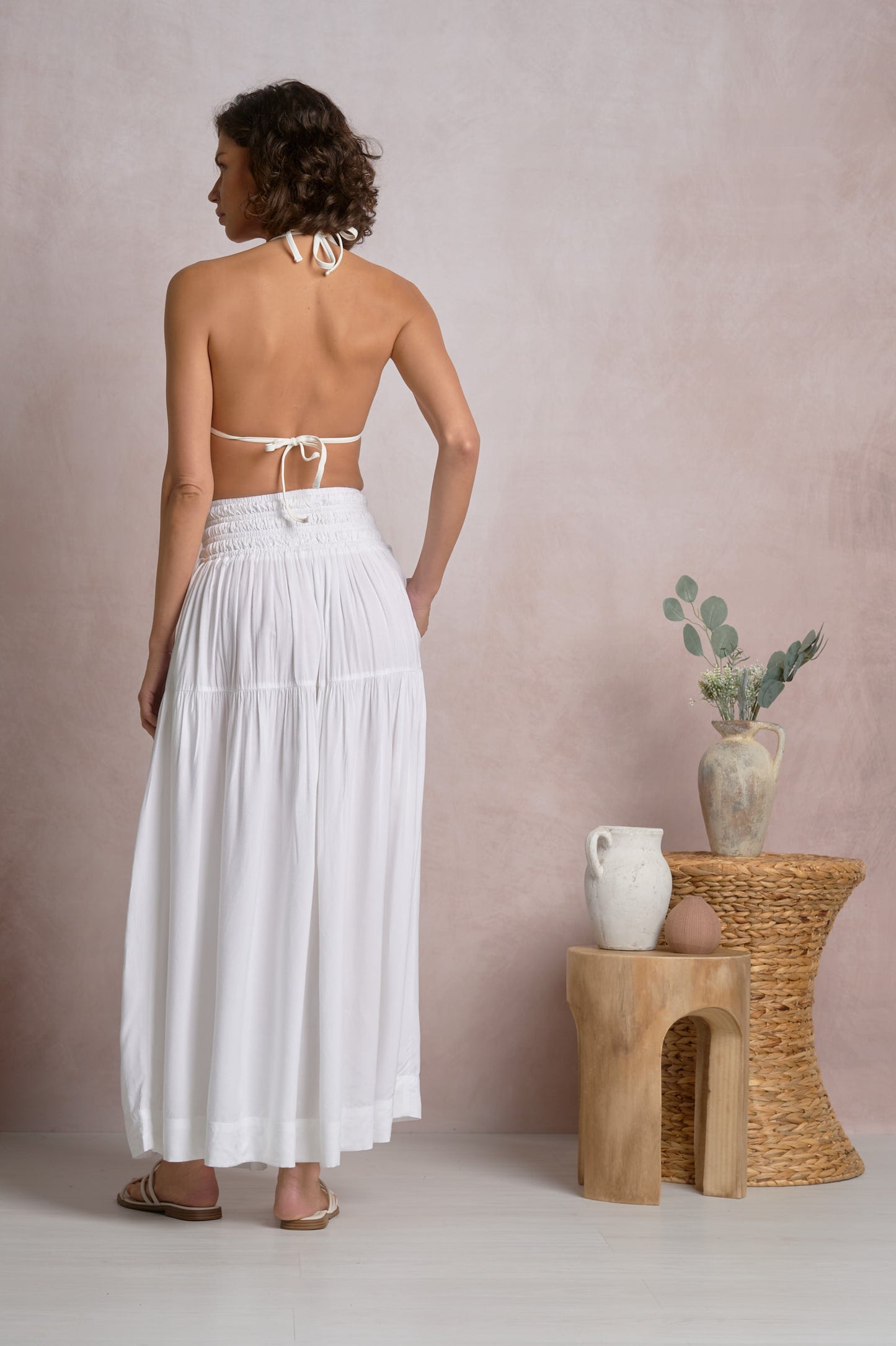 Midi Skirt with Smocked Waistband - White