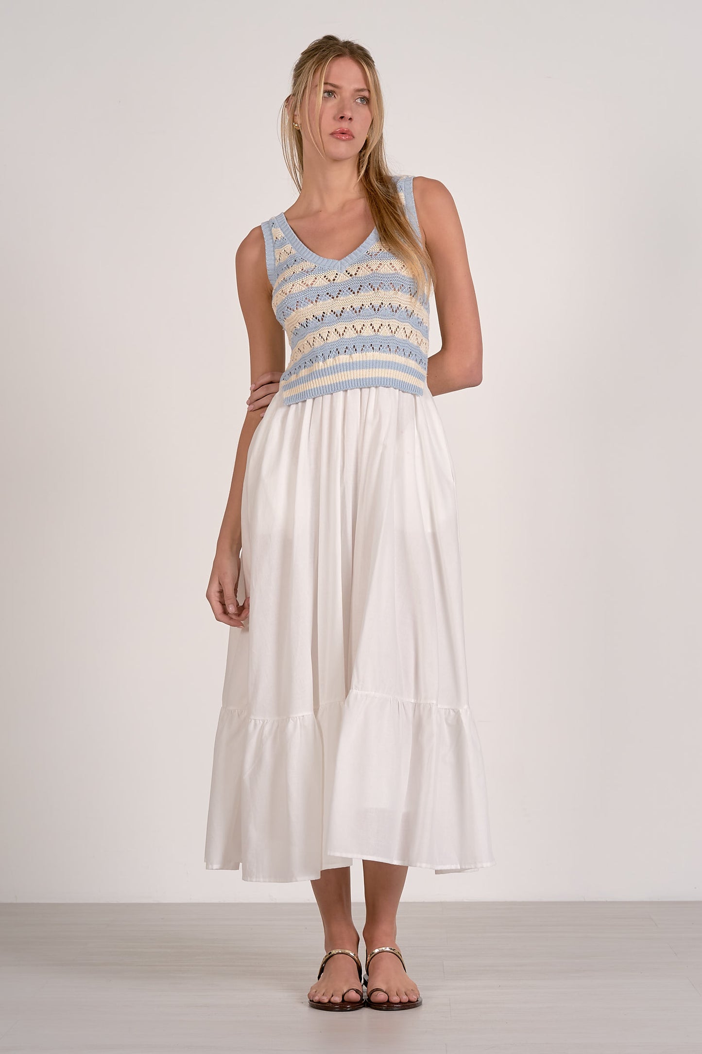 Knit Tank and Woven Skirt Midi Dress - White/Blue Stripe