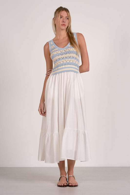 Knit Tank and Woven Skirt Midi Dress - White/Blue Stripe