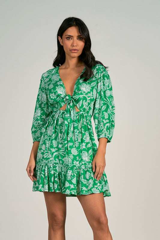 Elan 3/4 Sleeve Tie Front Mini Dress - Green Venice