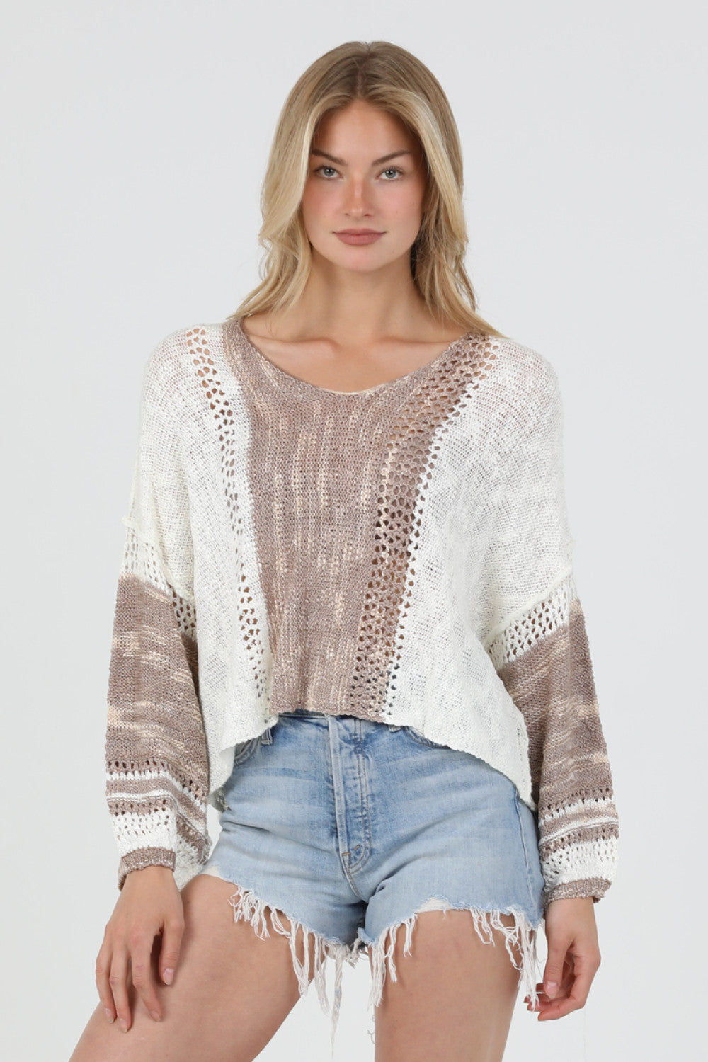 Cropped Pullover Sweater - Ivory-Brown