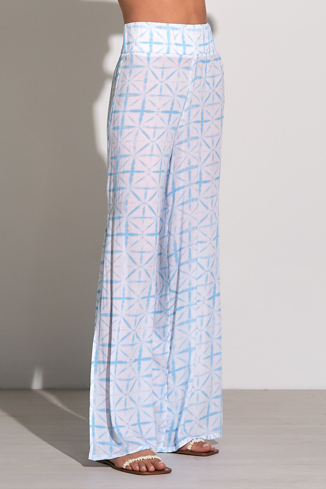Wide Leg Pants with Side Slit and Elastic Waistband - Blue Starburst