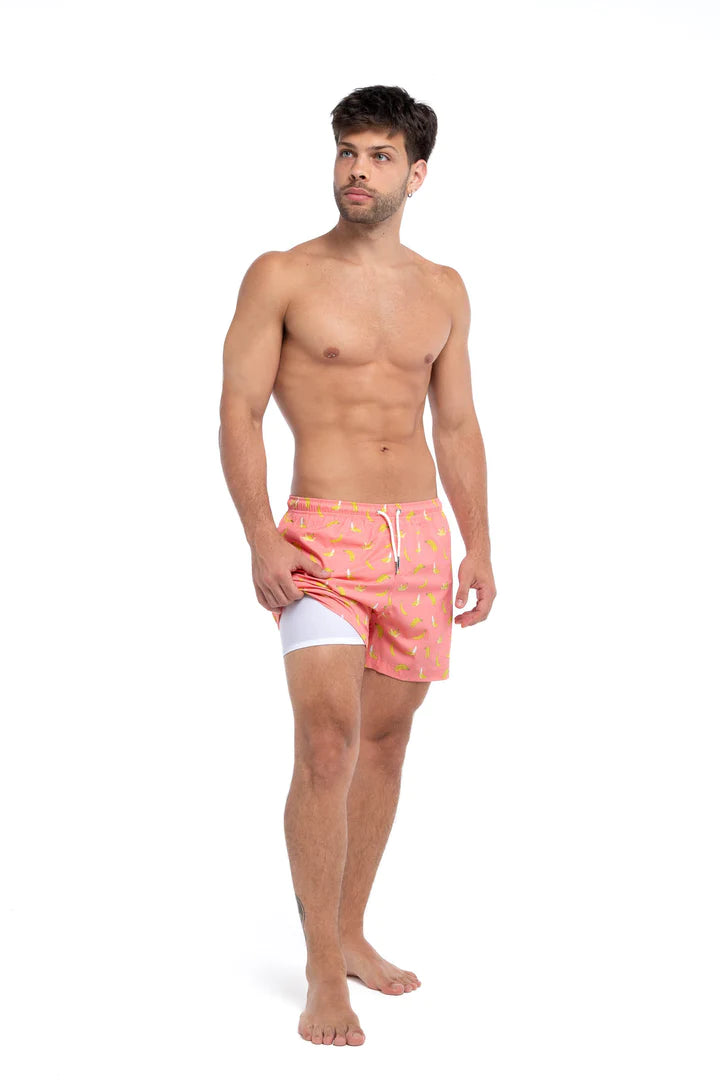 Men's Swim Trunks with Compression Liner, Coral Red