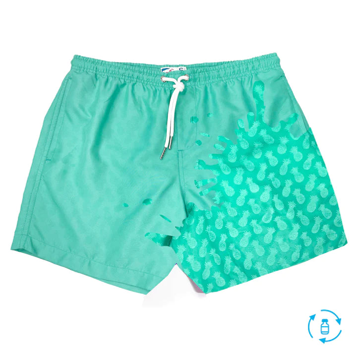 Classic Switch Swim Shorts - Water-Activated Pattern - Green to Pineapples