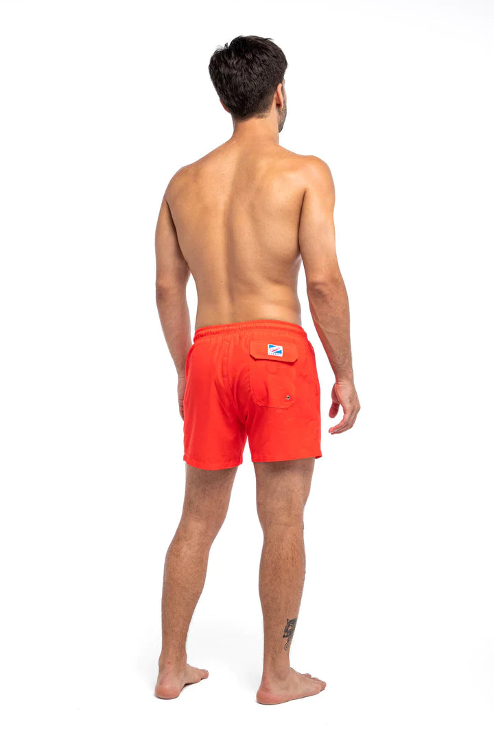 Classic Switch Swim Shorts - Water-Activated Pattern - Red to Sharks