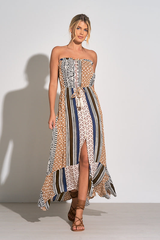 Elan Strapless Maxi Dress with Front Slit - Brown Marrakesh