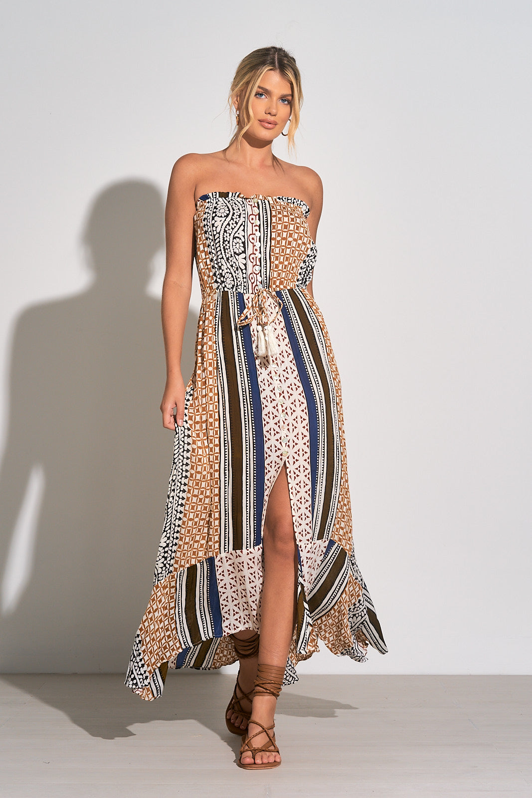 Strapless Maxi Dress with Front Slit - Brown Marrakesh