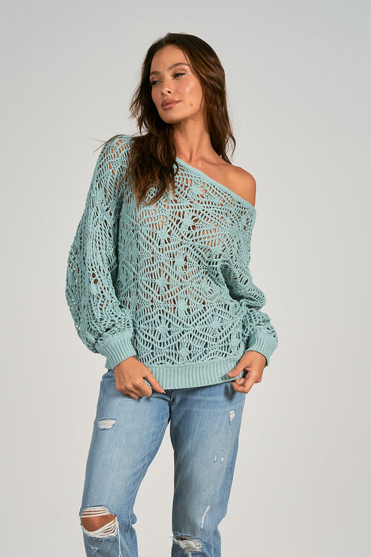Elan Crochet Off-Shoulder Sweater - Blue Spa